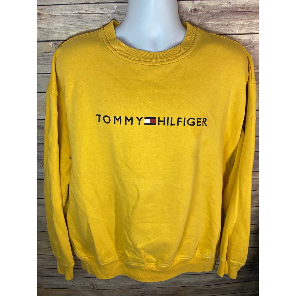 Vintage Tommy Hilfiger Embroidered Spell Out Sweatshirt Yellow XL
